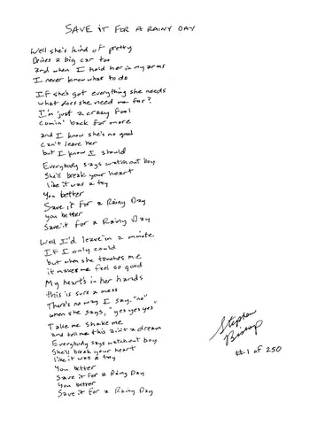 Save It For A Rainy Day: Handwritten Lyrics (Limited Edition Print)